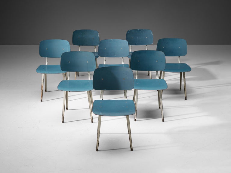 Friso Kramer Set of Eight 'Revolt' Dining Chairs in Metal and Blue Plywood