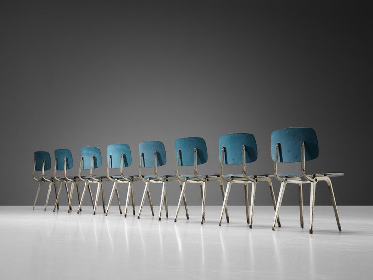 Friso Kramer Set of Eight 'Revolt' Dining Chairs in Metal and Blue Plywood