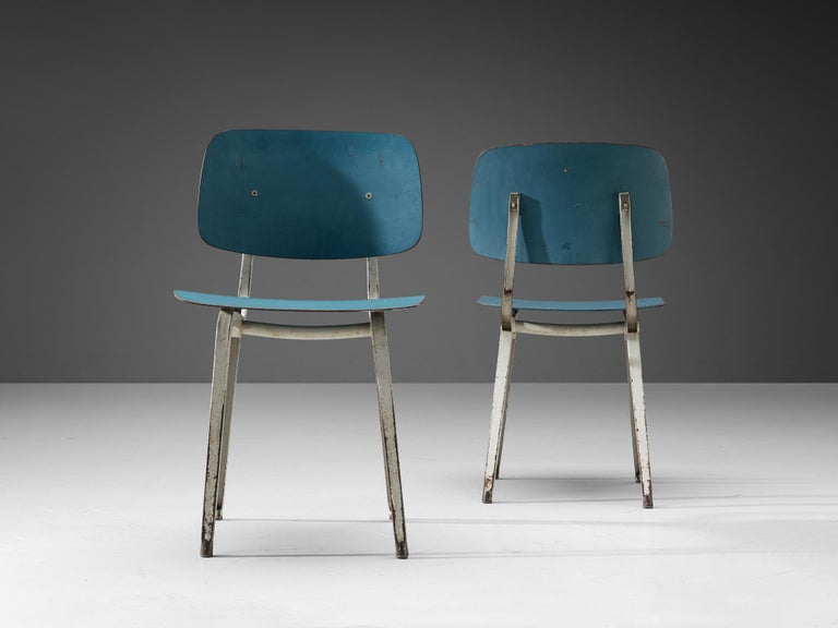 Friso Kramer Set of Eight 'Revolt' Dining Chairs in Metal and Blue Plywood