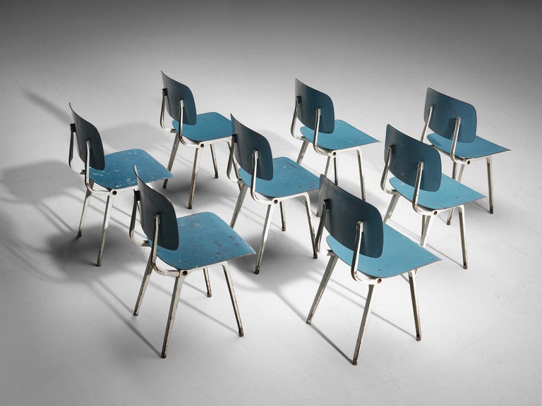 Friso Kramer Set of Eight 'Revolt' Dining Chairs in Metal and Blue Plywood