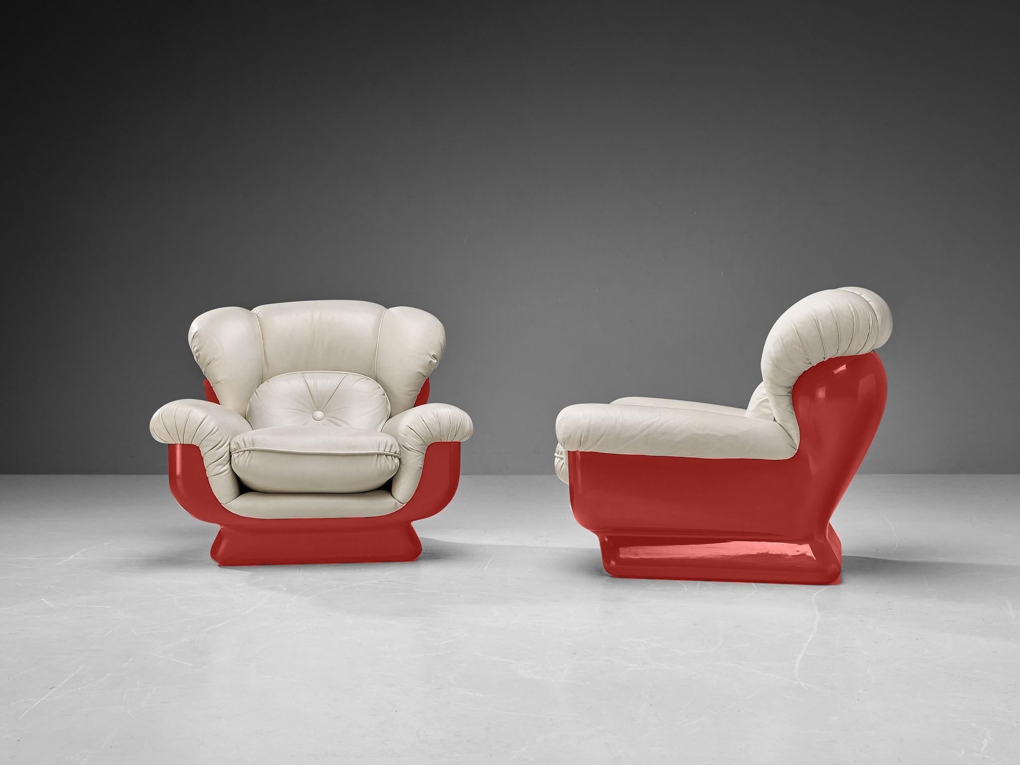 Italian Bulky Pair of Lounge Chairs in Red Fiberglass and Leatherette