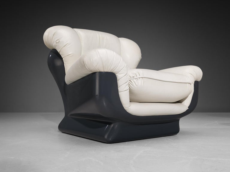 Italian Bulky Pair of Lounge Chairs in Fiberglass and Leatherette