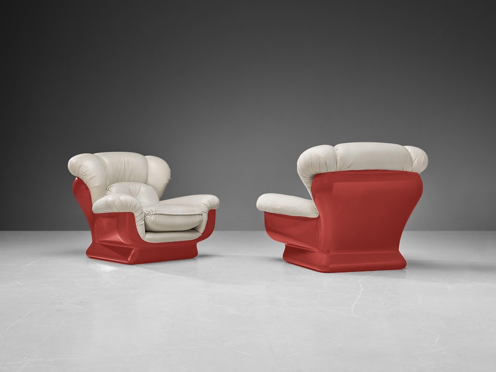 Italian Bulky Pair of Lounge Chairs in Red Fiberglass and Leatherette