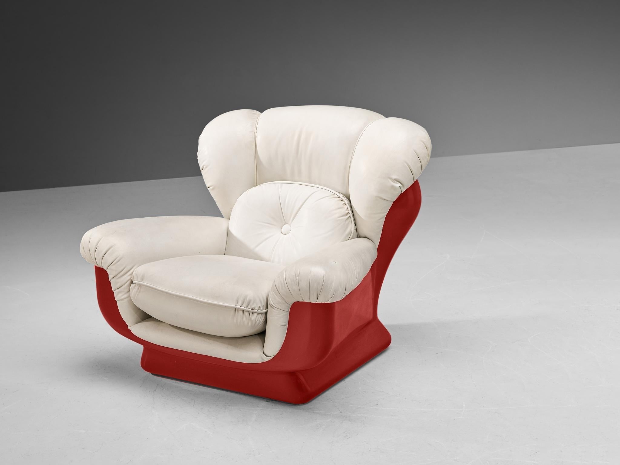 Italian Bulky Pair of Lounge Chairs in Red Fiberglass and Leatherette