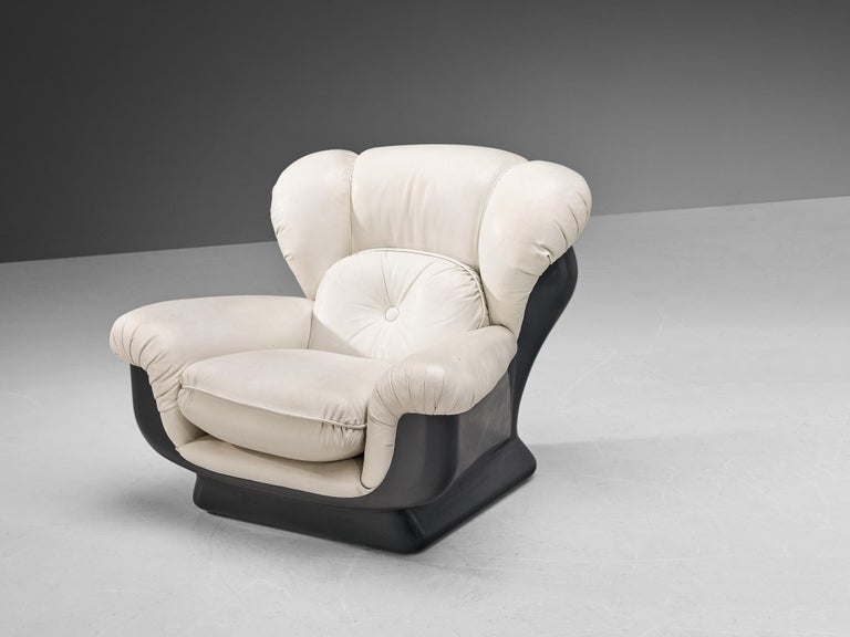 Italian Bulky Pair of Lounge Chairs in Fiberglass and Leatherette