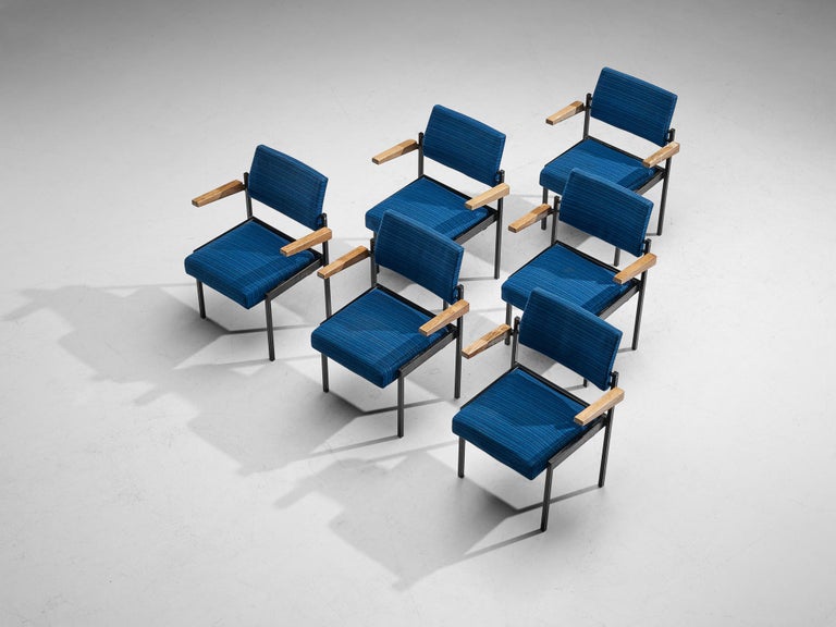 Set of Six Stackable Armchairs in Blue Upholstery and Black Metal Frame