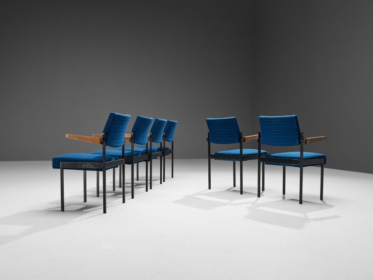 Set of Six Stackable Armchairs in Blue Upholstery and Black Metal Frame