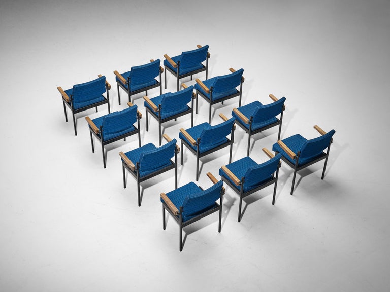 Set of Twelve Stackable Armchairs in Blue Upholstery and Black Metal Frame