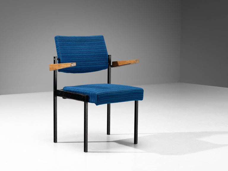 Stackable Armchair in Blue Upholstery and Black Metal Frame