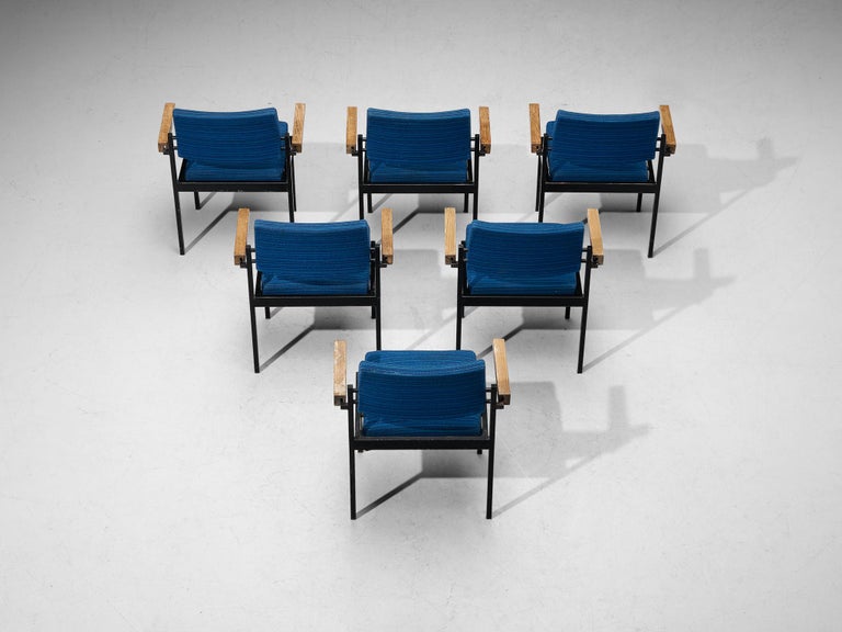 Set of Six Stackable Armchairs in Blue Upholstery and Black Metal Frame