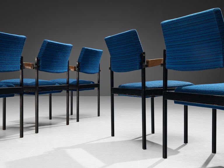 Set of Twelve Stackable Armchairs in Blue Upholstery and Black Metal Frame