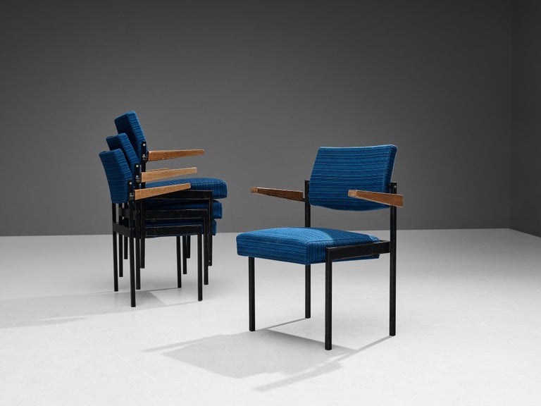 Set of Six Stackable Armchairs in Blue Upholstery and Black Metal Frame