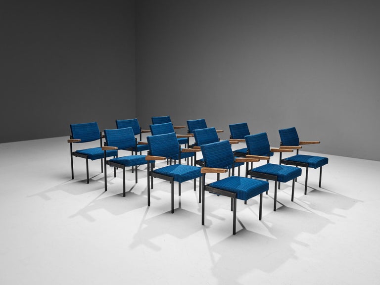 Set of Twelve Stackable Armchairs in Blue Upholstery and Black Metal Frame