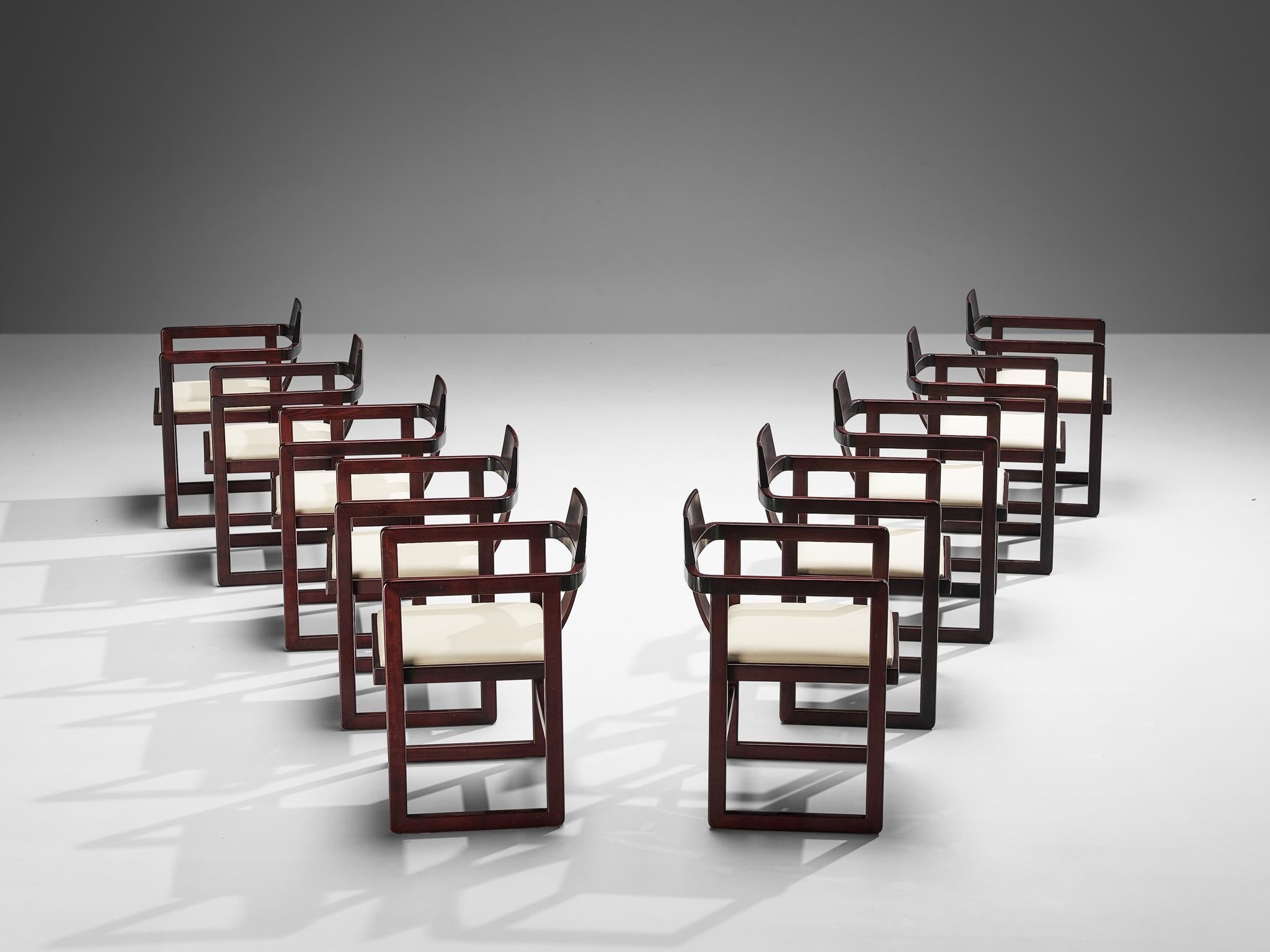 Italian Set of Ten Geometric Armchairs in Stained Wood