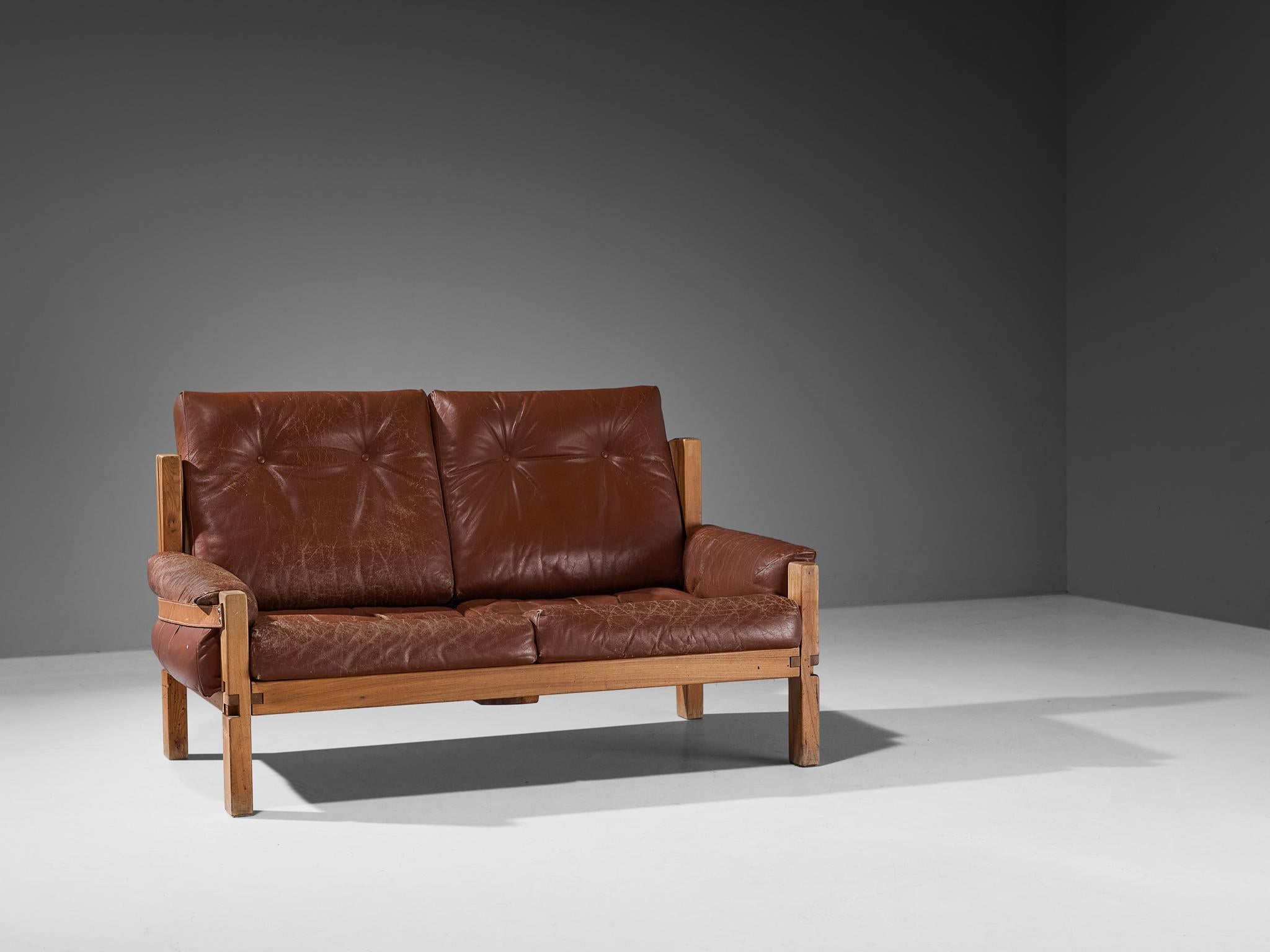 Early Pierre Chapo 'S22' Sofa in Elm and Brown Leather