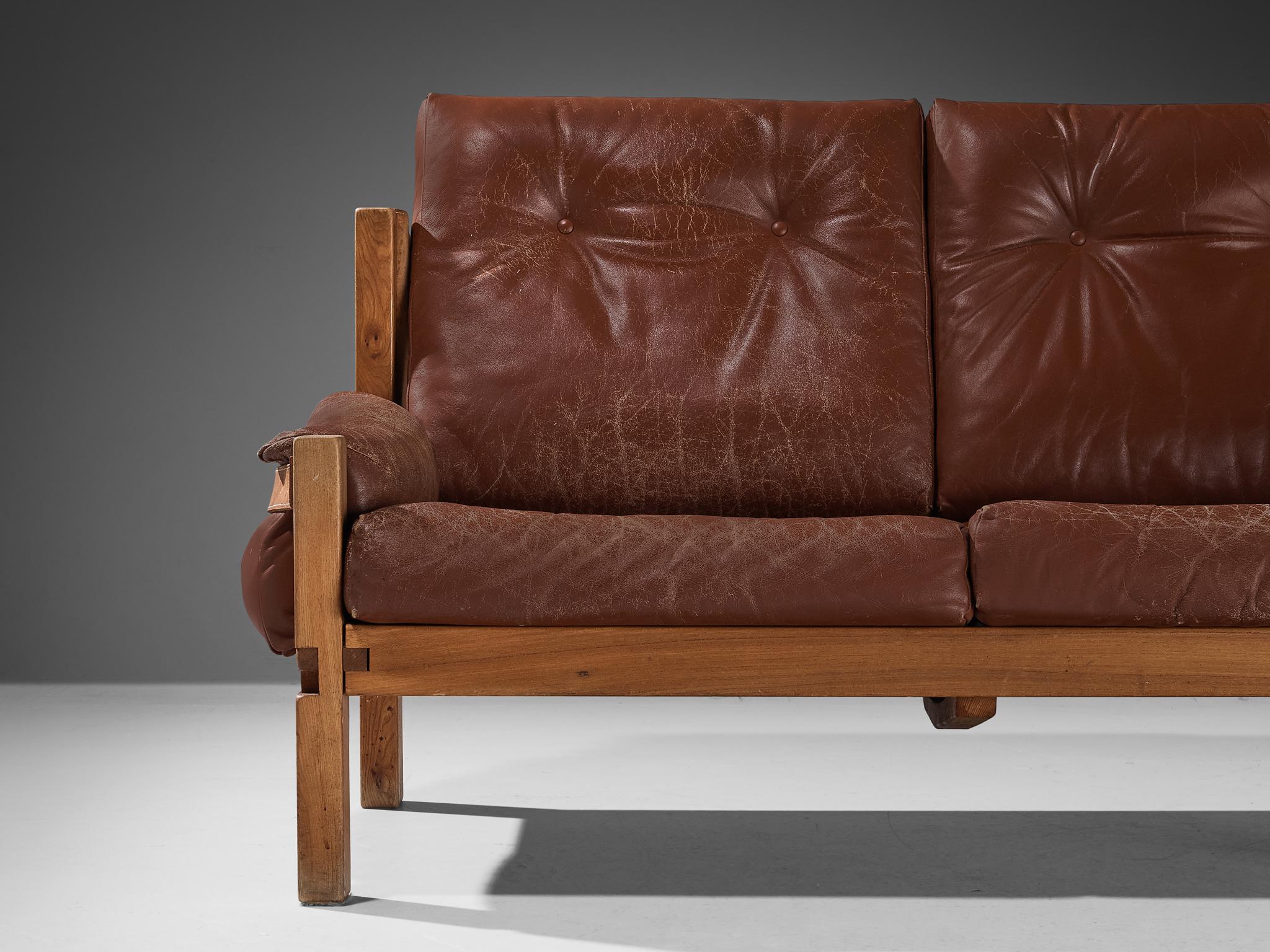 Early Pierre Chapo 'S22' Sofa in Elm and Brown Leather