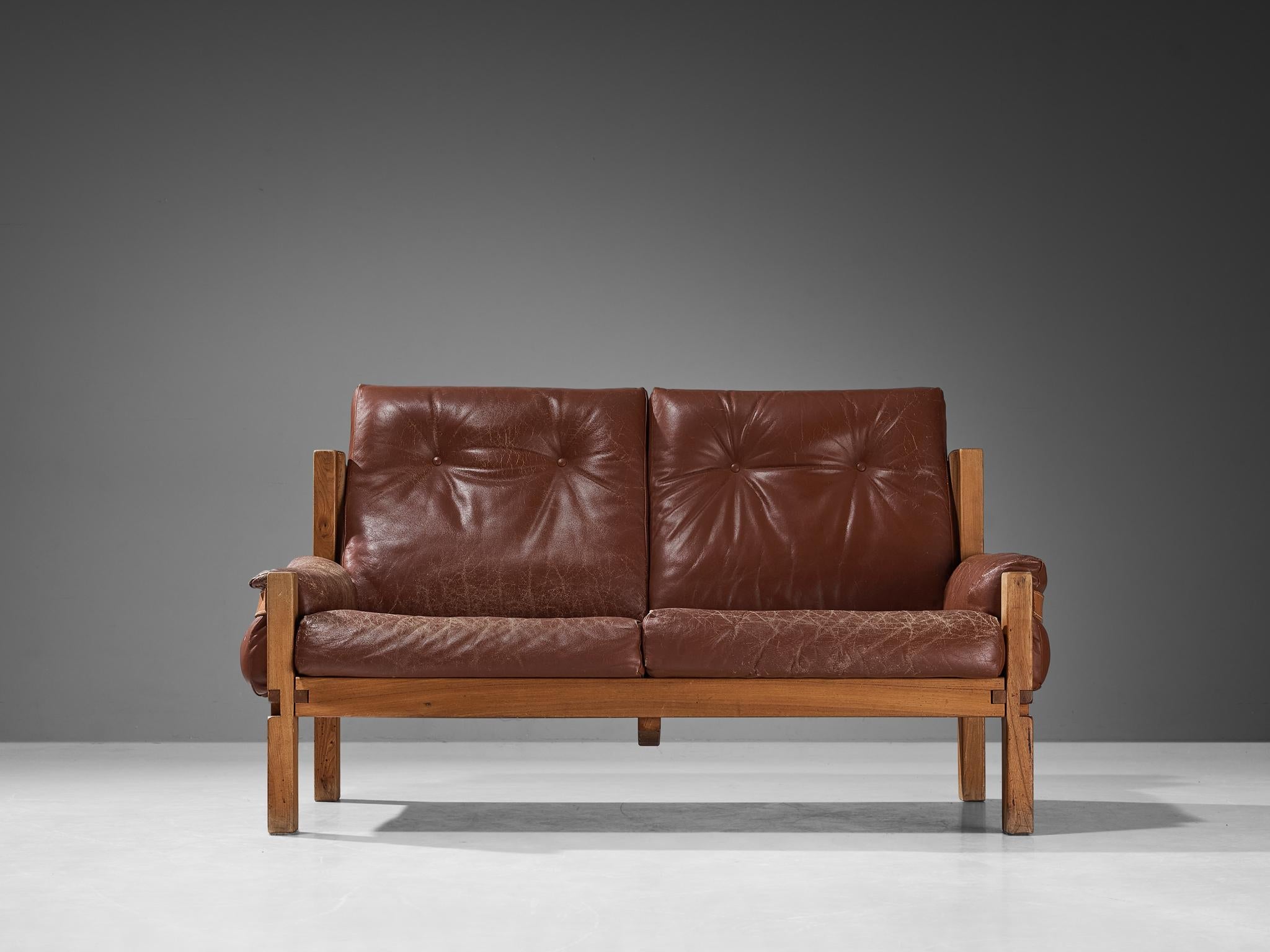 Early Pierre Chapo 'S22' Sofa in Elm and Brown Leather