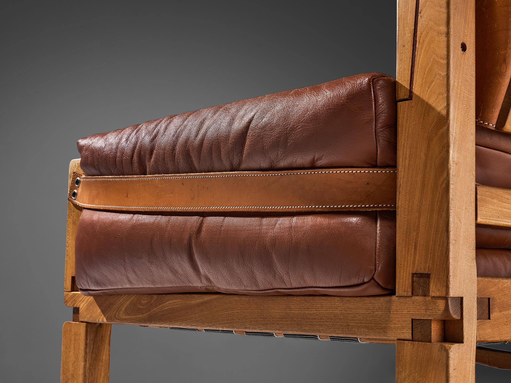 Early Pierre Chapo 'S22' Sofa in Elm and Brown Leather