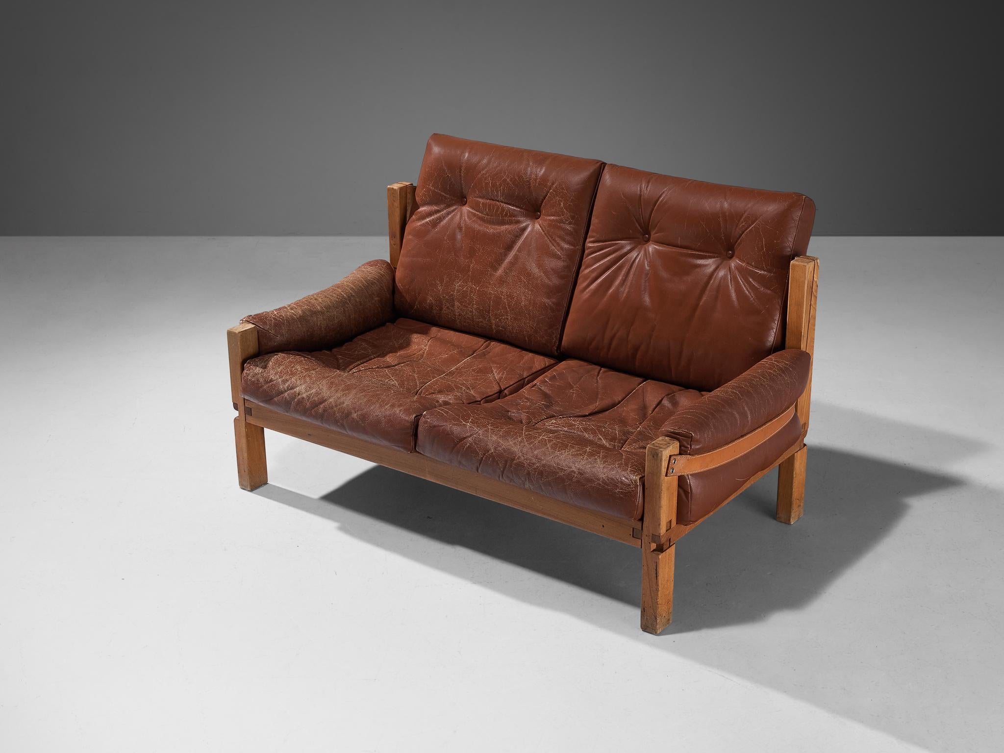 Early Pierre Chapo 'S22' Sofa in Elm and Brown Leather