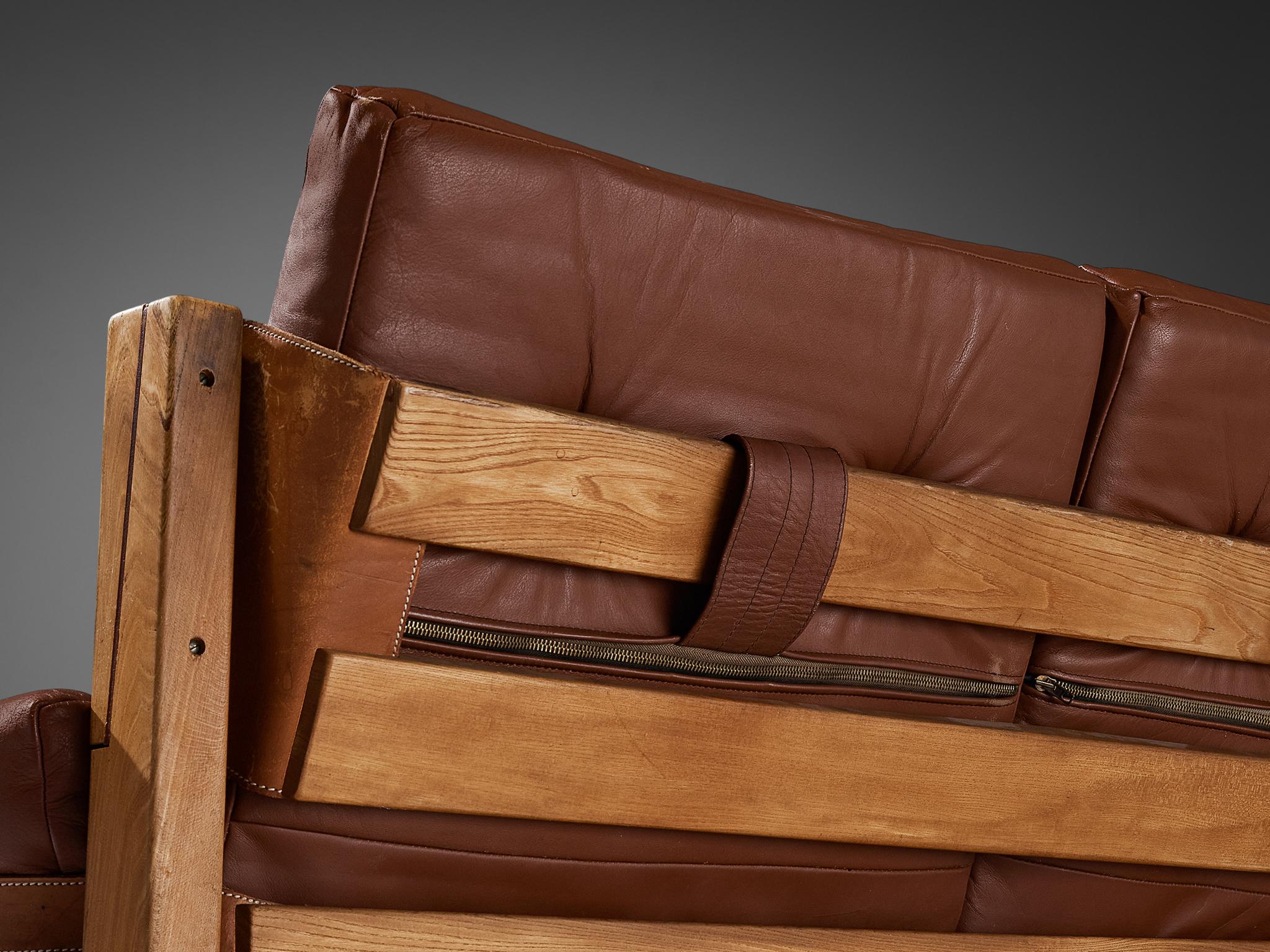 Early Pierre Chapo 'S22' Sofa in Elm and Brown Leather