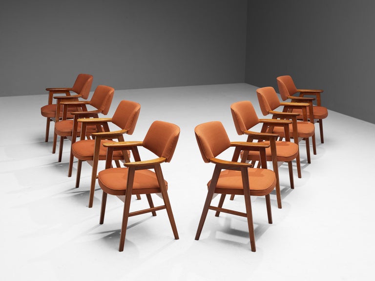 Erik Kirkegaard Set of Eight Armchairs in Teak and Orange Upholstery