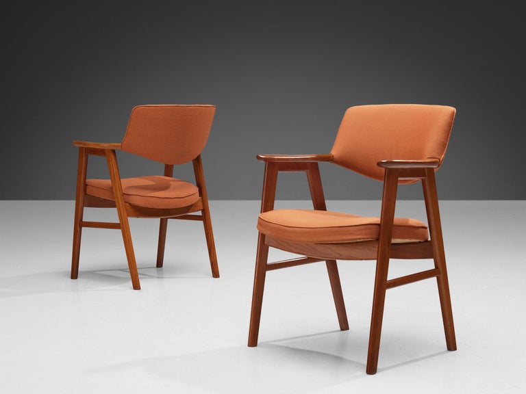 Erik Kirkegaard Set of Eight Armchairs in Teak and Orange Upholstery