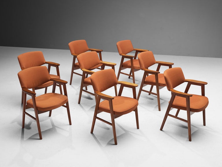 Erik Kirkegaard Set of Eight Armchairs in Teak and Orange Upholstery