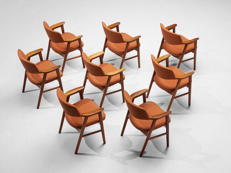 Erik Kirkegaard Set of Eight Armchairs in Teak and Orange Upholstery