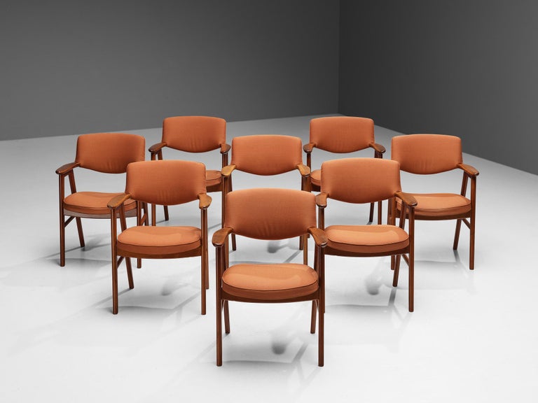 Erik Kirkegaard Set of Eight Armchairs in Teak and Orange Upholstery