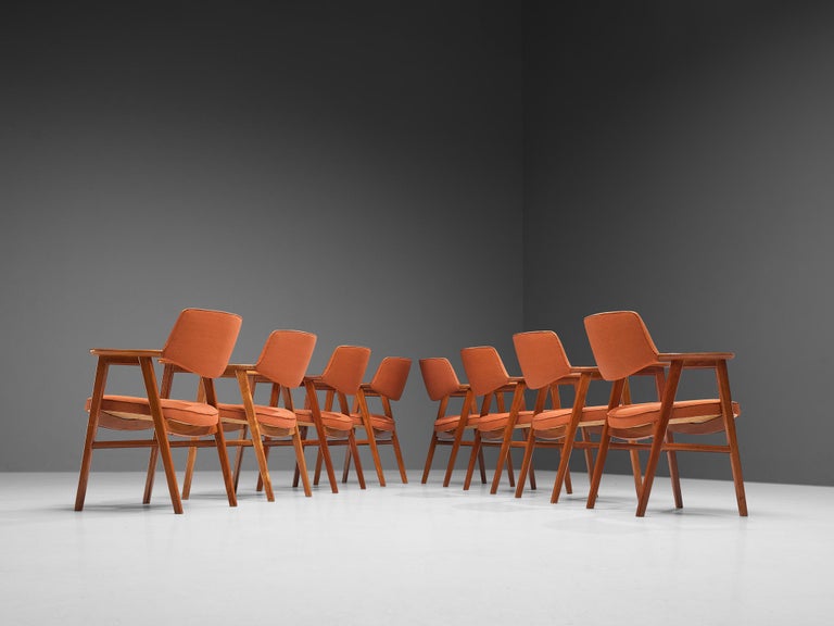 Erik Kirkegaard Set of Eight Armchairs in Teak and Orange Upholstery