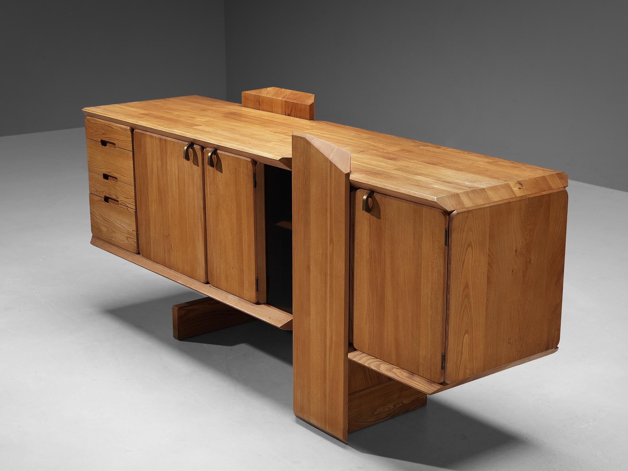 Early Pierre Chapo 'R28' Sideboard in Solid Elm and Brass