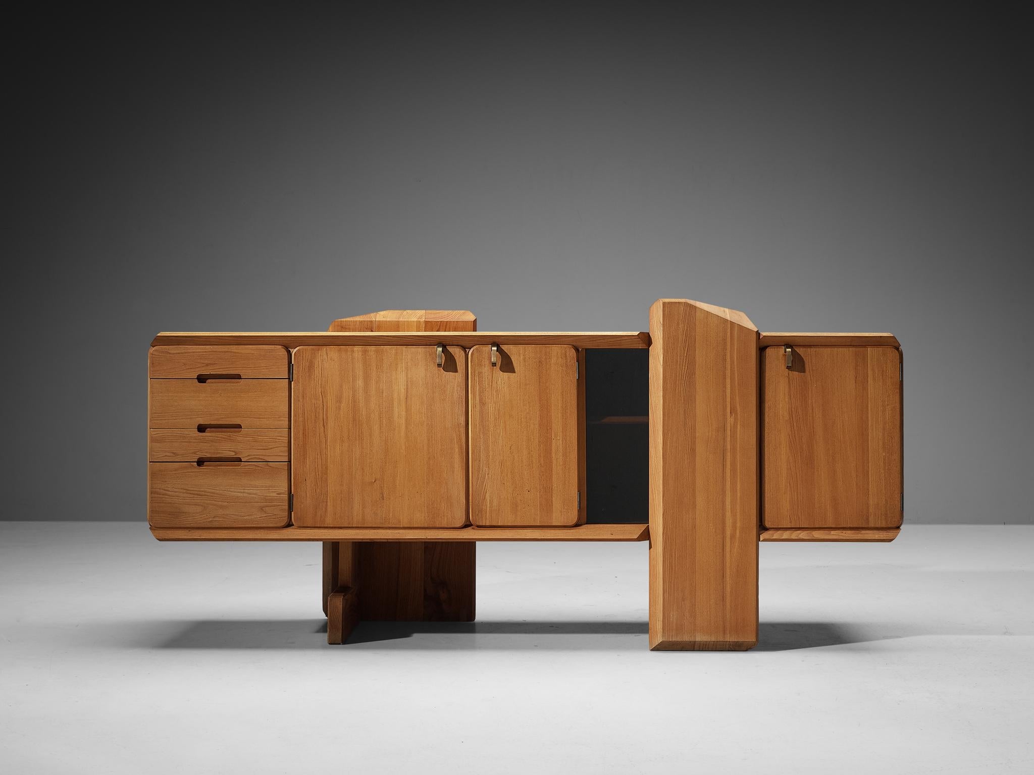 Early Pierre Chapo 'R28' Sideboard in Solid Elm and Brass