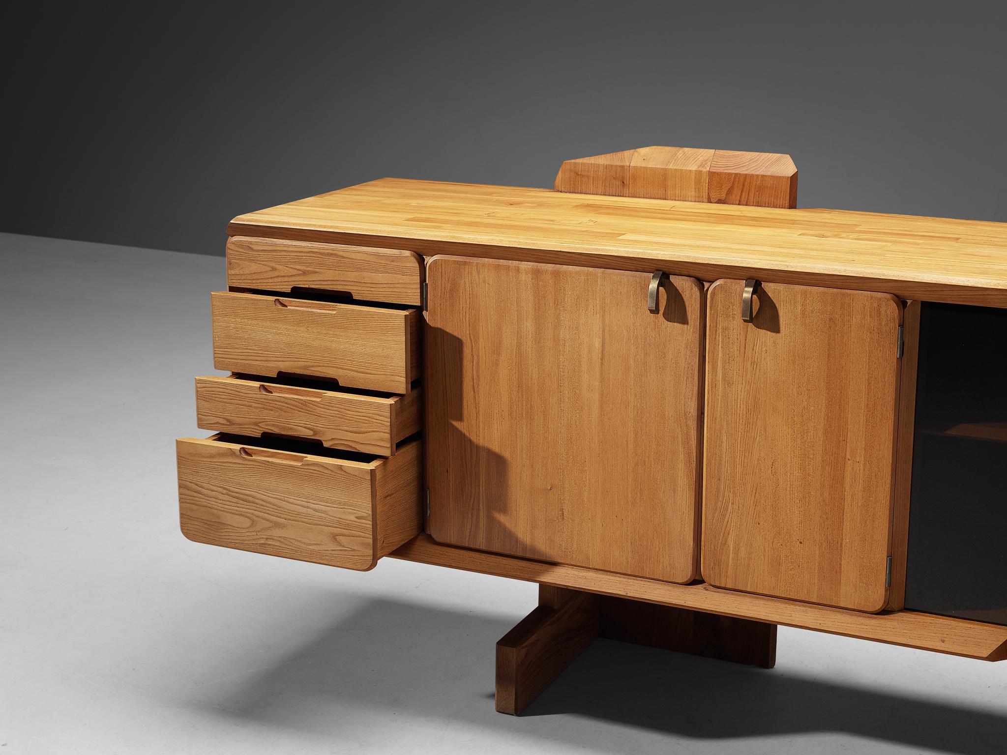 Early Pierre Chapo 'R28' Sideboard in Solid Elm and Brass