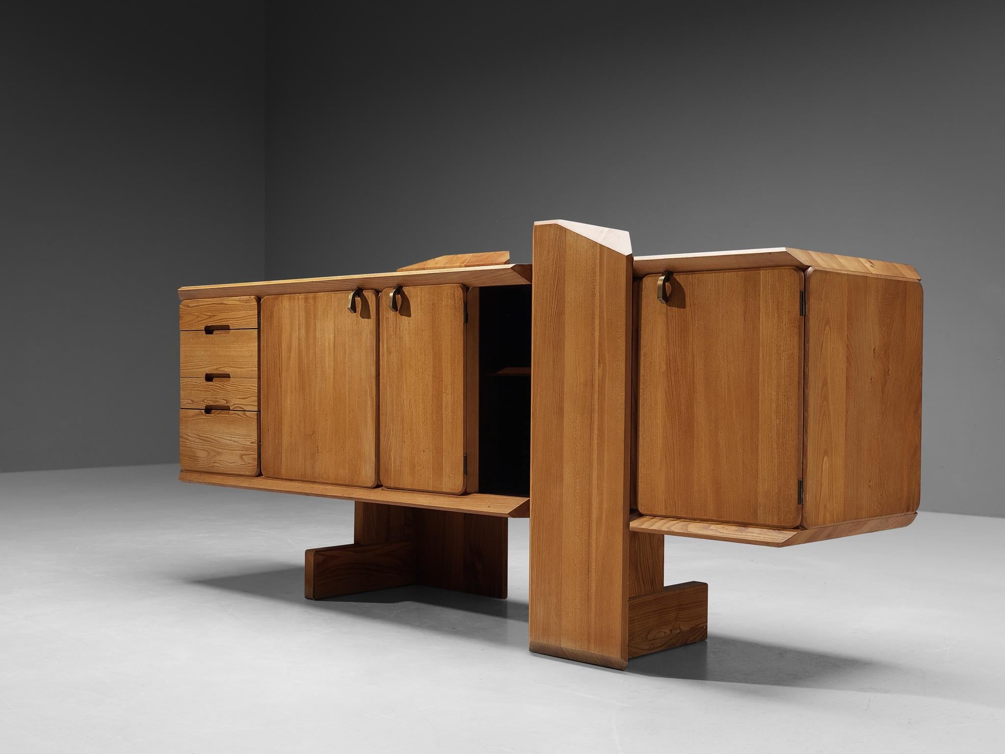 Early Pierre Chapo 'R28' Sideboard in Solid Elm and Brass