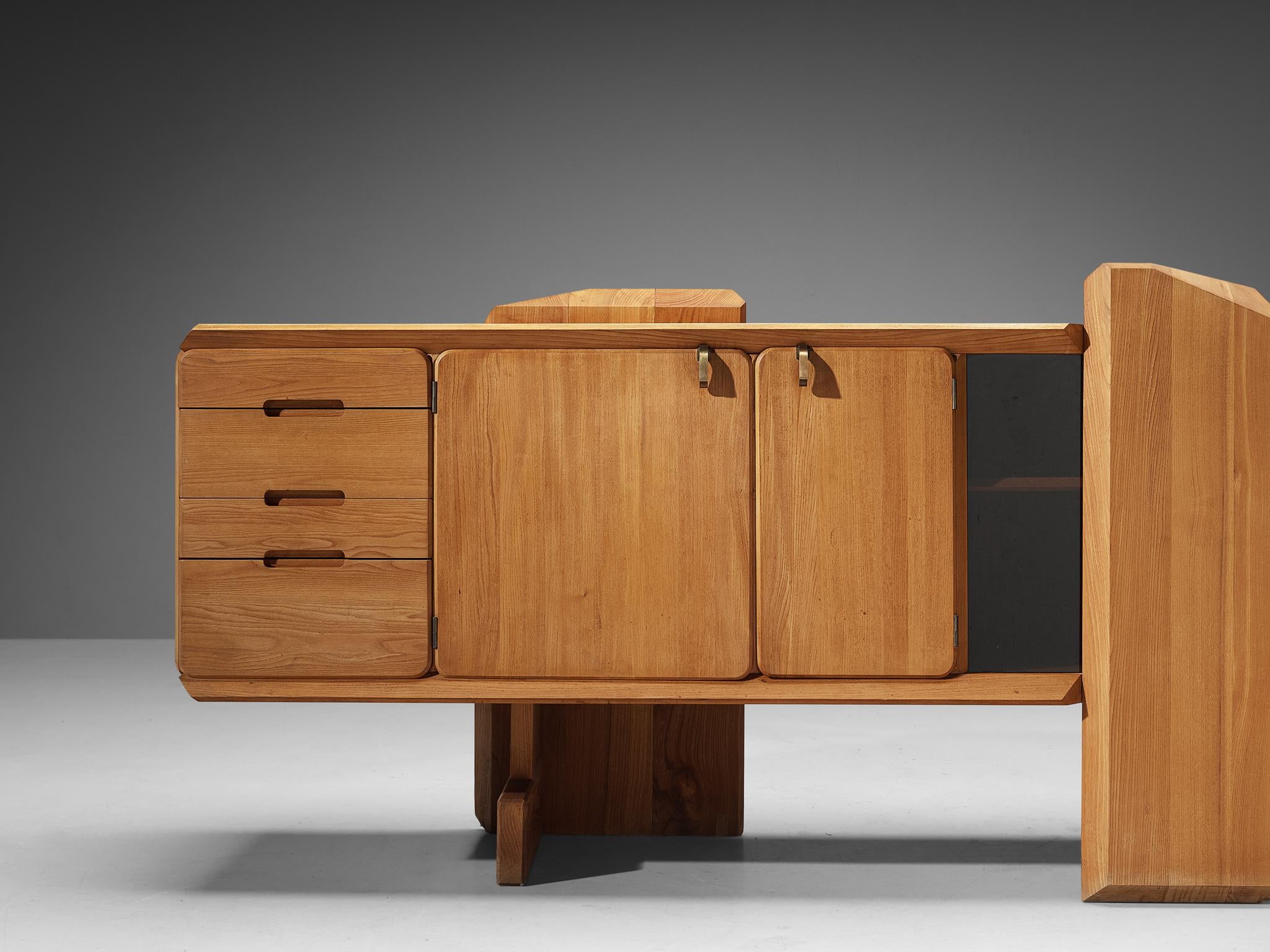 Early Pierre Chapo 'R28' Sideboard in Solid Elm and Brass