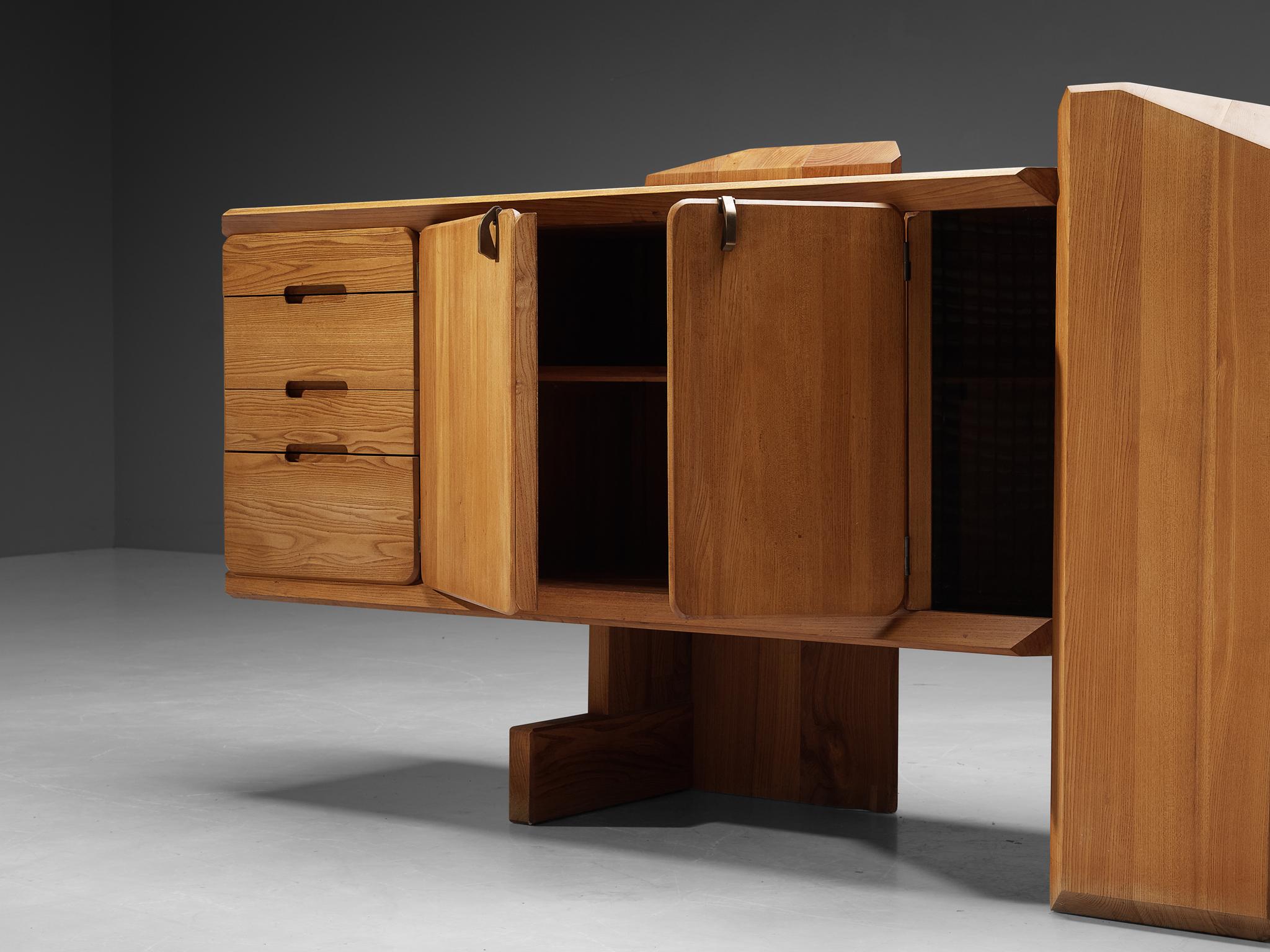 Early Pierre Chapo 'R28' Sideboard in Solid Elm and Brass