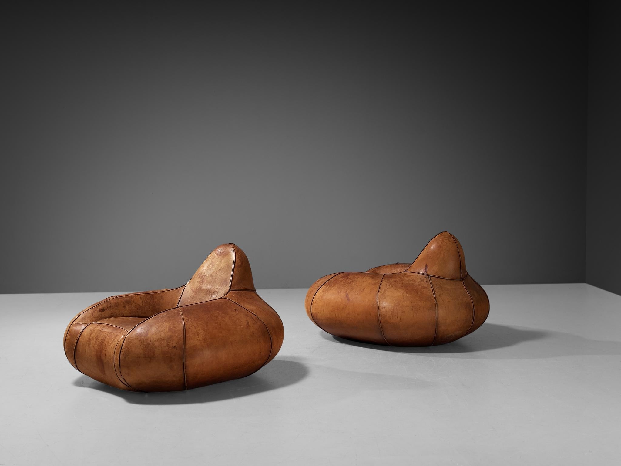 Post-Modern Pair of Bulbous Shaped Lounge Chairs in Cognac Leather