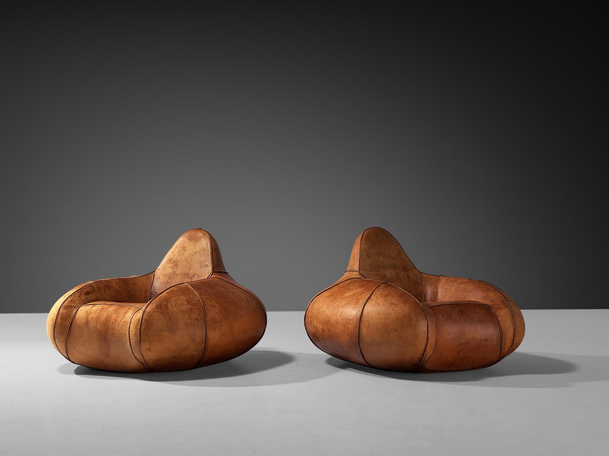 Post-Modern Pair of Bulbous Shaped Lounge Chairs in Cognac Leather