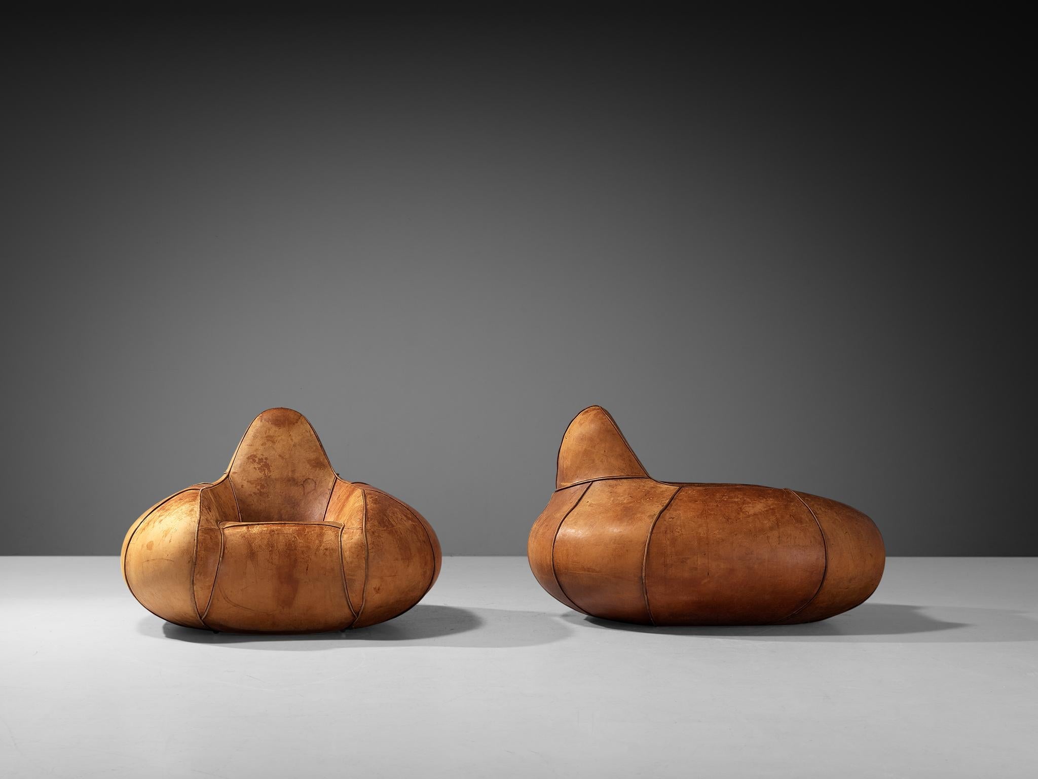 Post-Modern Pair of Bulbous Shaped Lounge Chairs in Cognac Leather