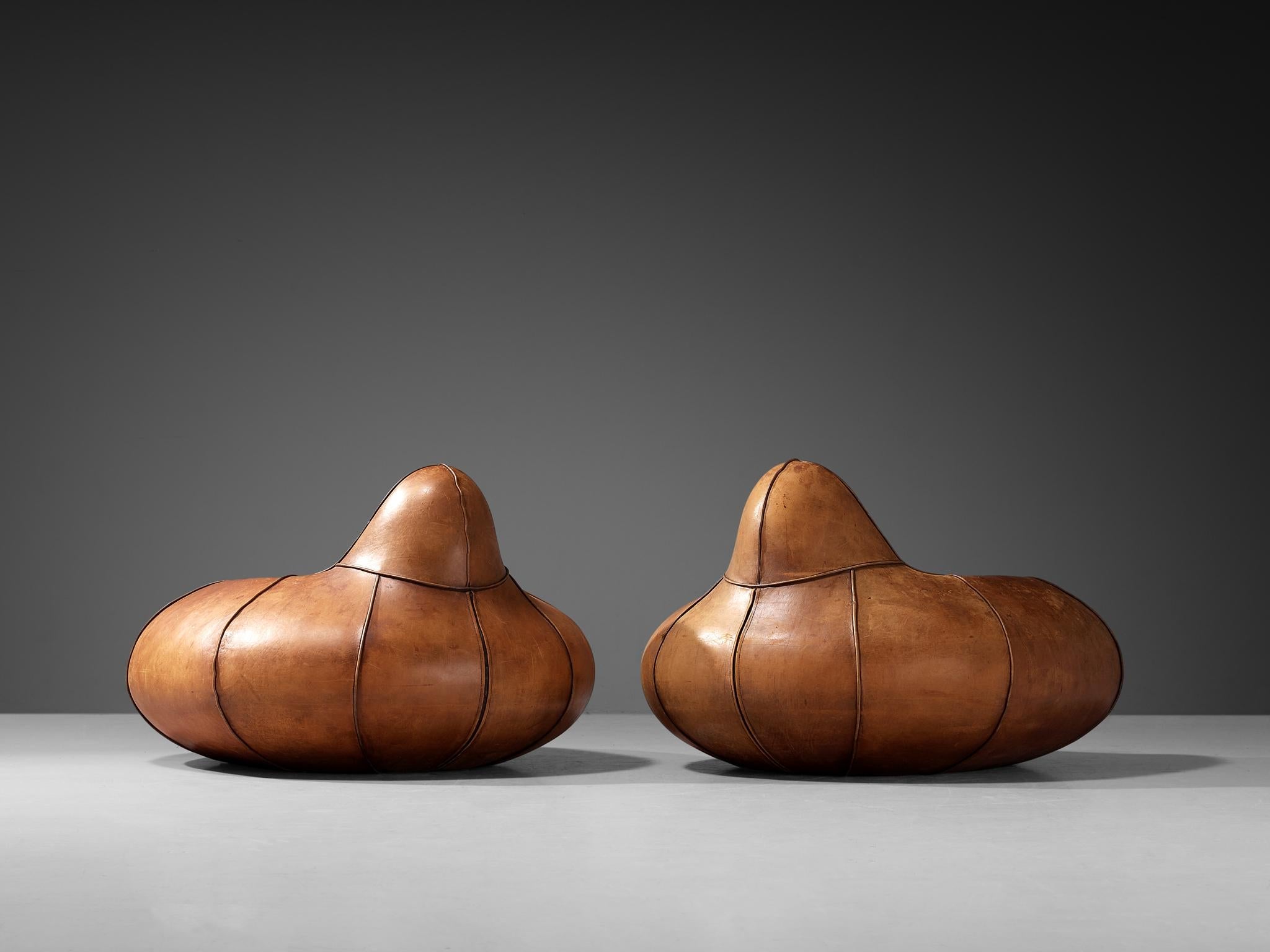 Post-Modern Pair of Bulbous Shaped Lounge Chairs in Cognac Leather