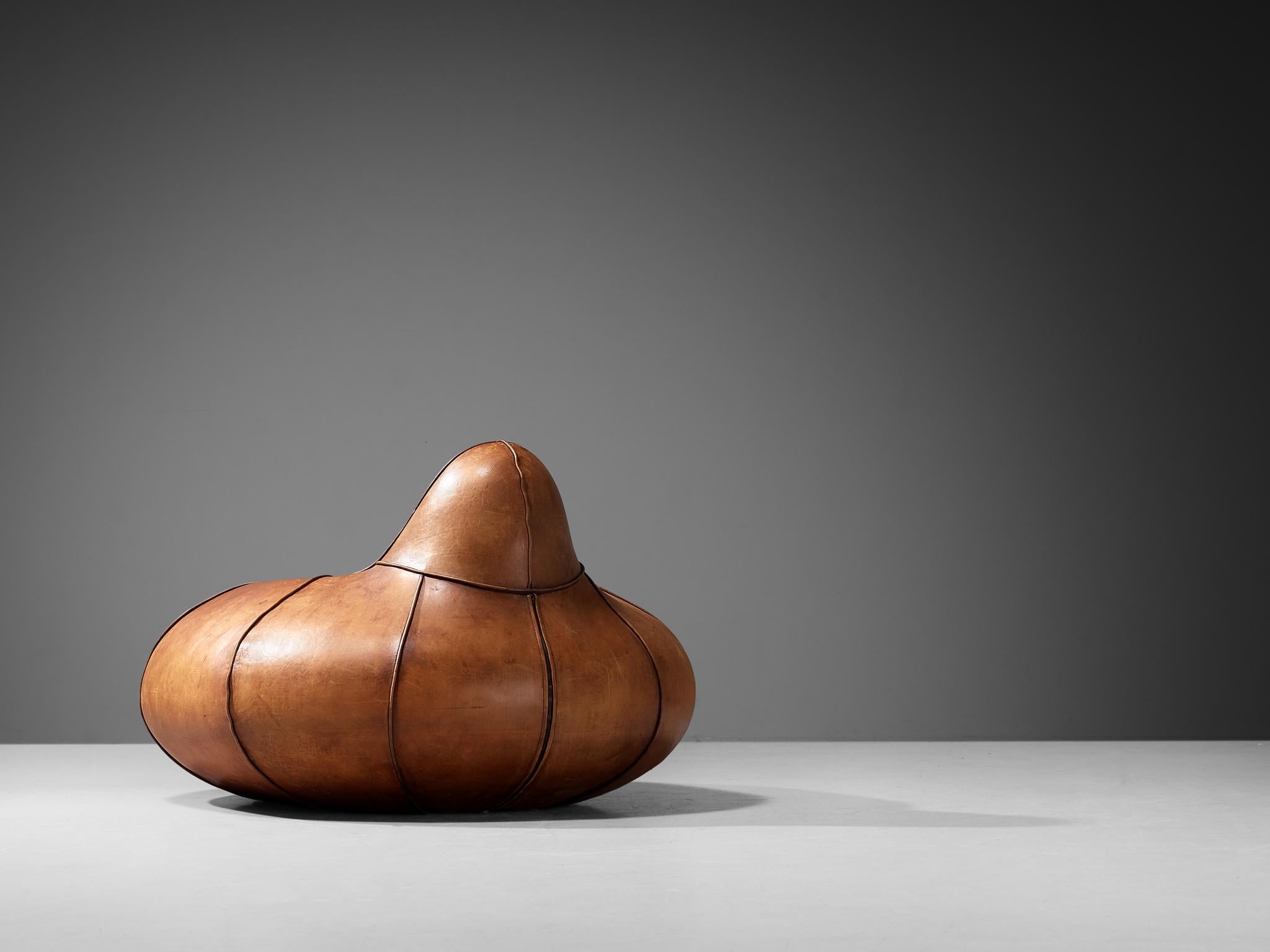 Post-Modern Pair of Bulbous Shaped Lounge Chairs in Cognac Leather