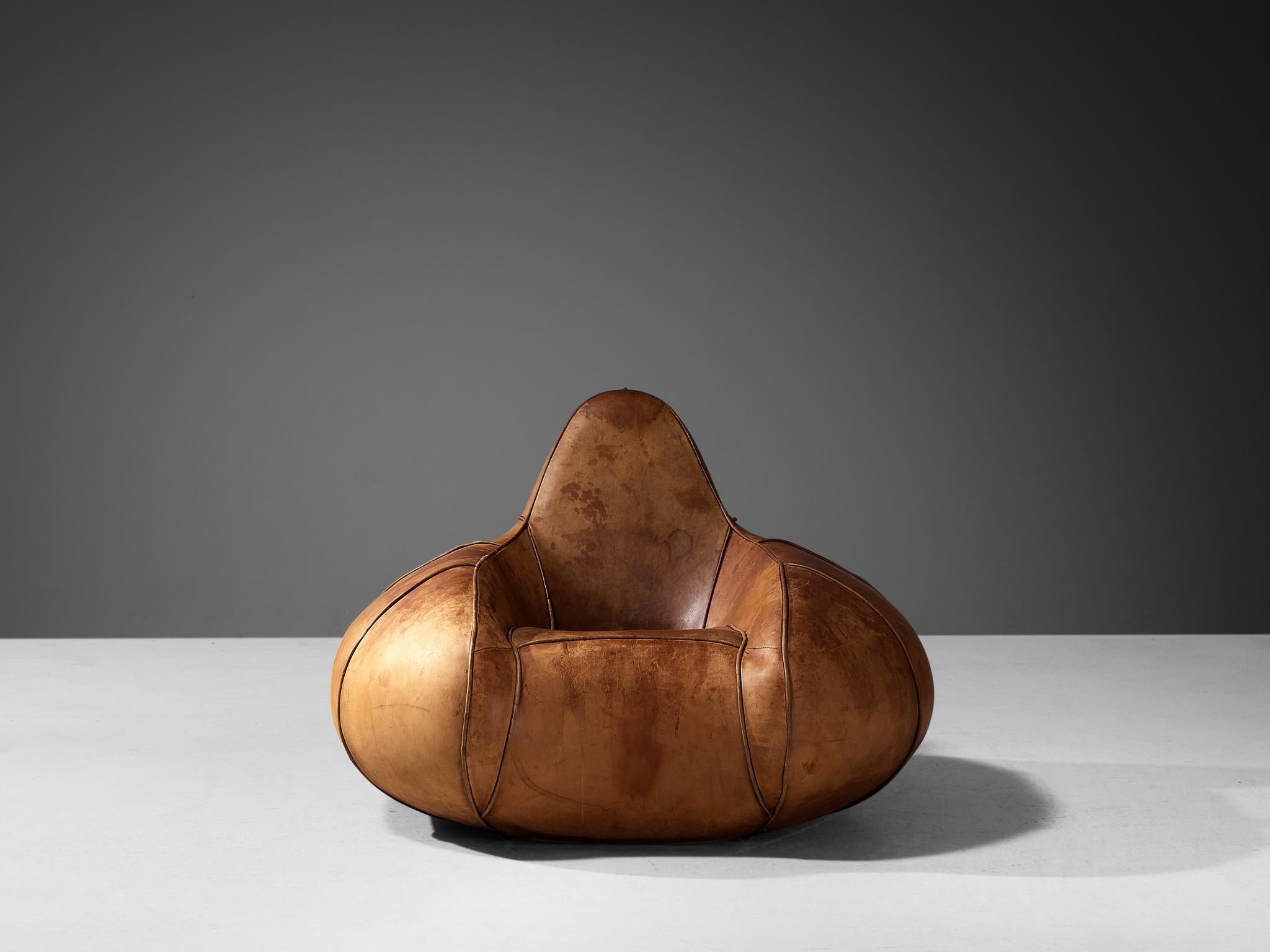 Post-Modern Pair of Bulbous Shaped Lounge Chairs in Cognac Leather