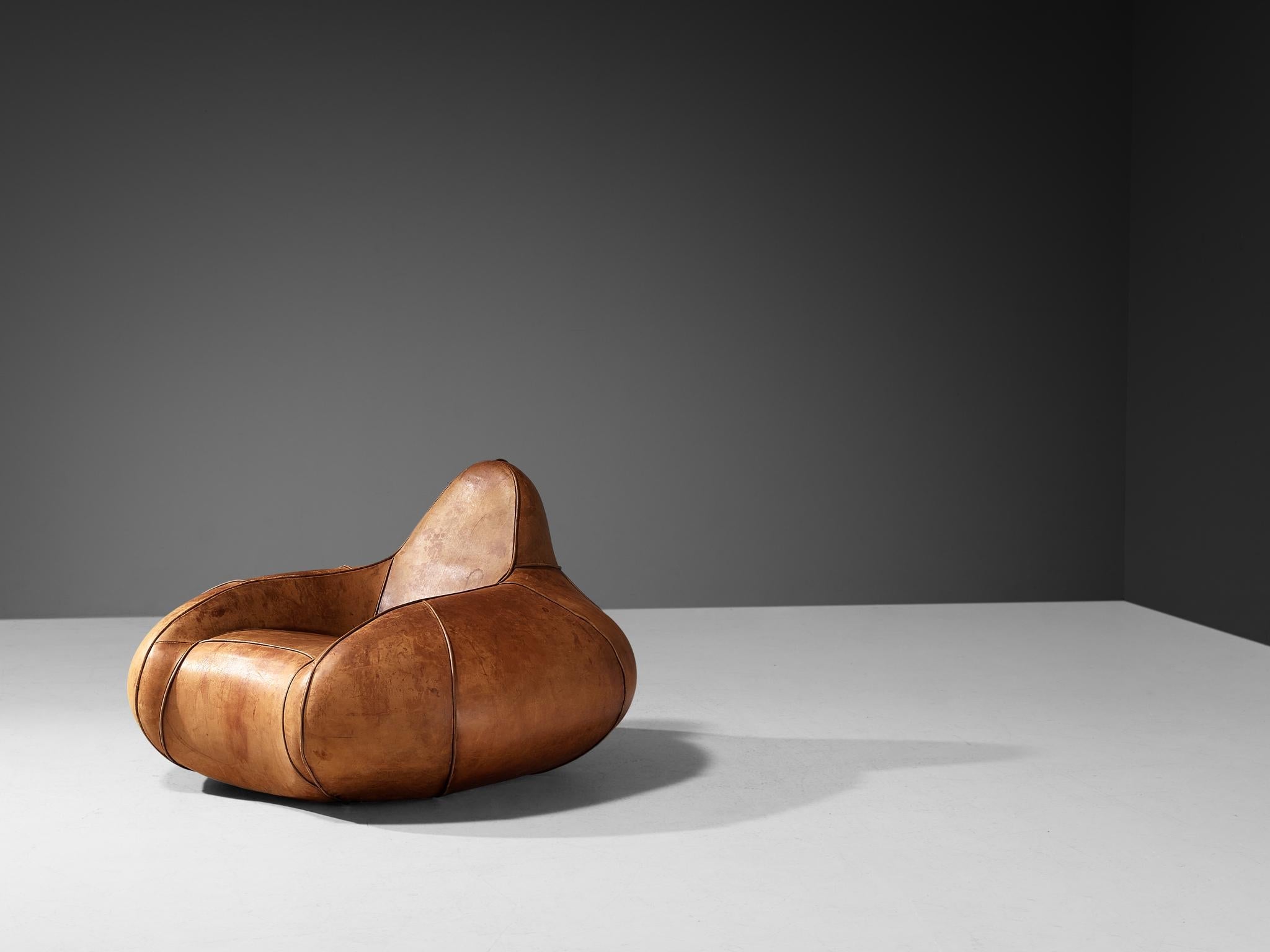 Post-Modern Pair of Bulbous Shaped Lounge Chairs in Cognac Leather