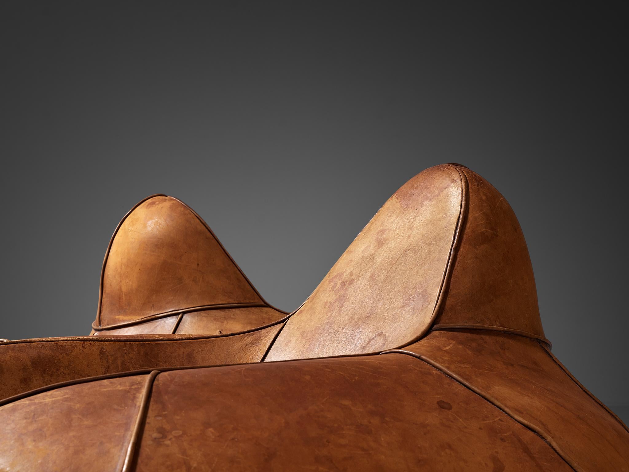 Post-Modern Pair of Bulbous Shaped Lounge Chairs in Cognac Leather