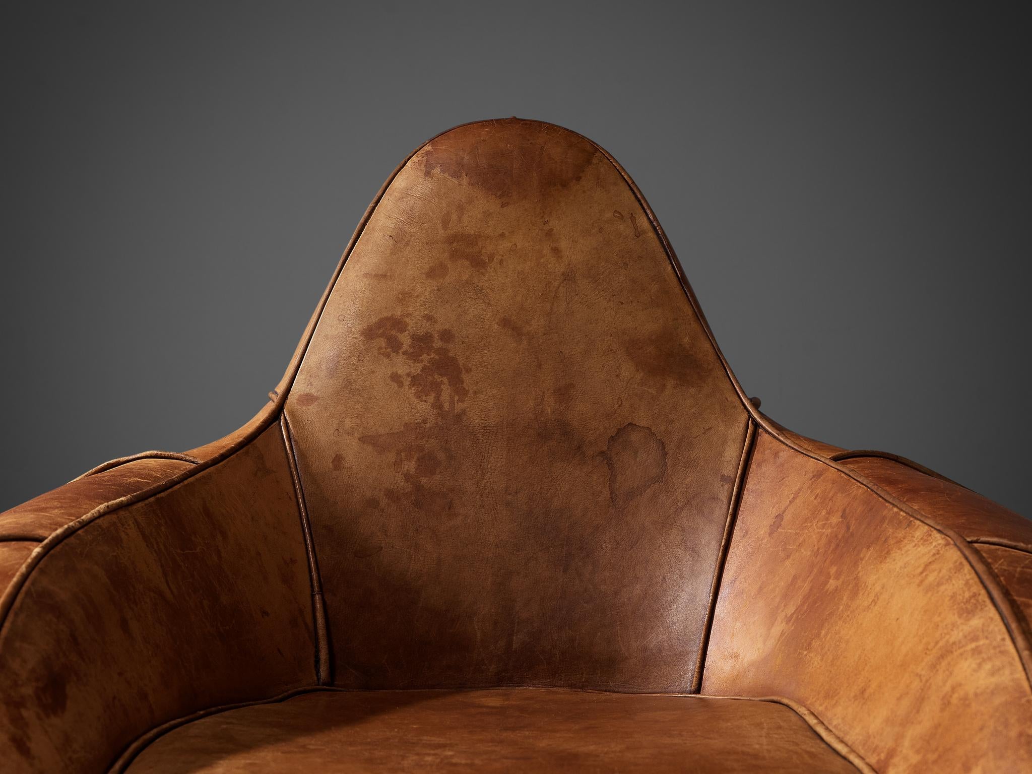 Post-Modern Pair of Bulbous Shaped Lounge Chairs in Cognac Leather