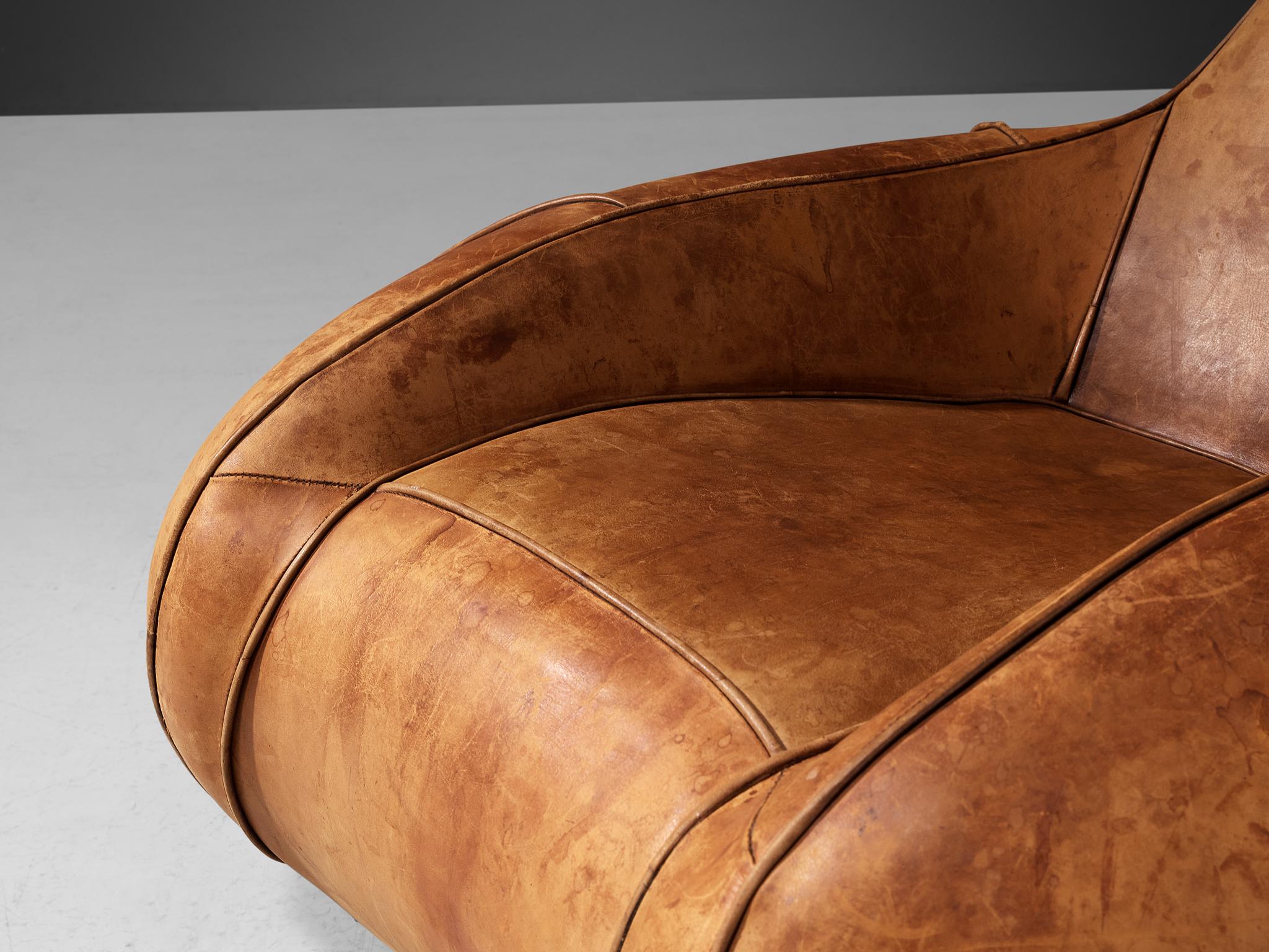 Post-Modern Pair of Bulbous Shaped Lounge Chairs in Cognac Leather