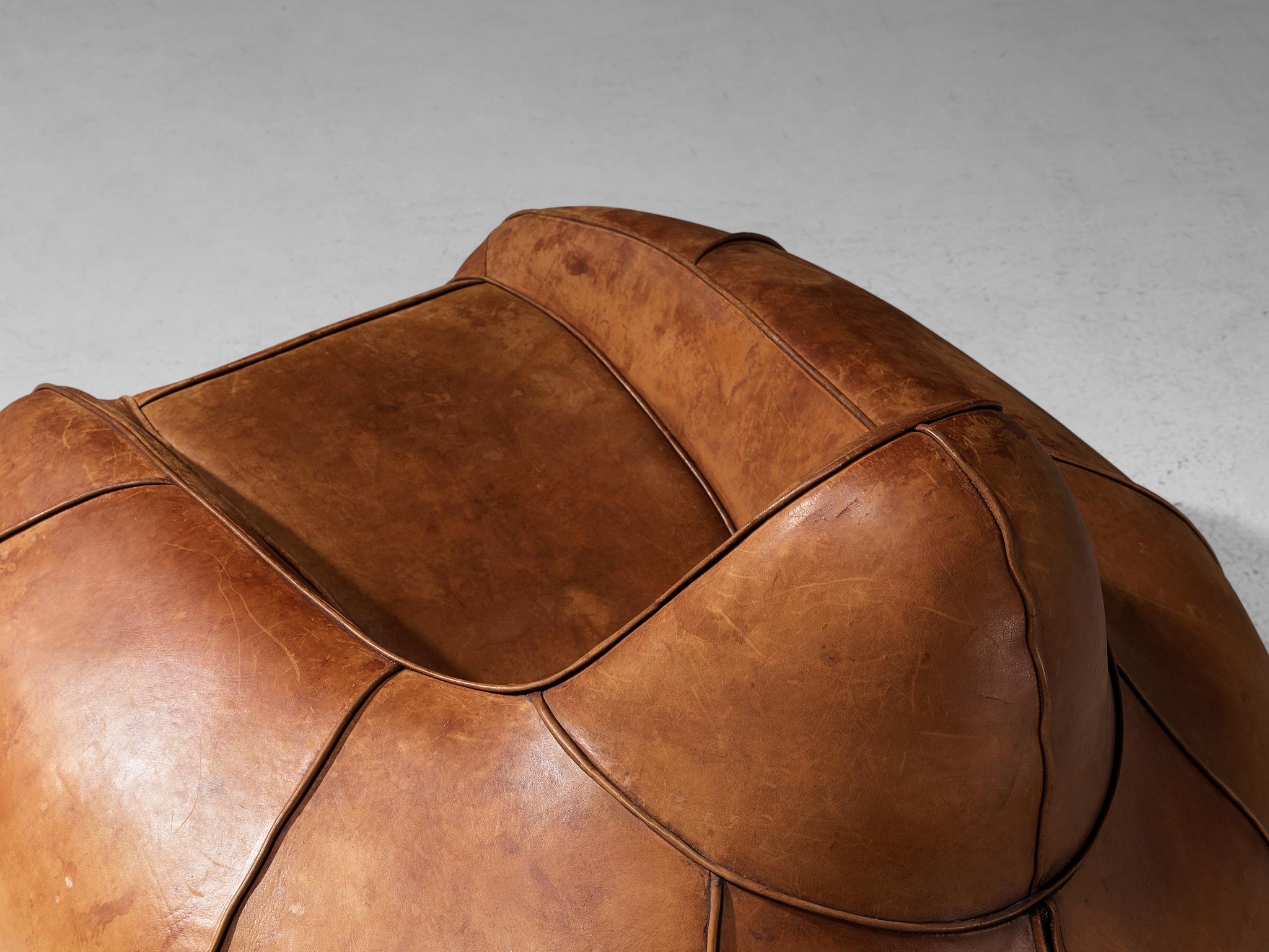 Post-Modern Pair of Bulbous Shaped Lounge Chairs in Cognac Leather