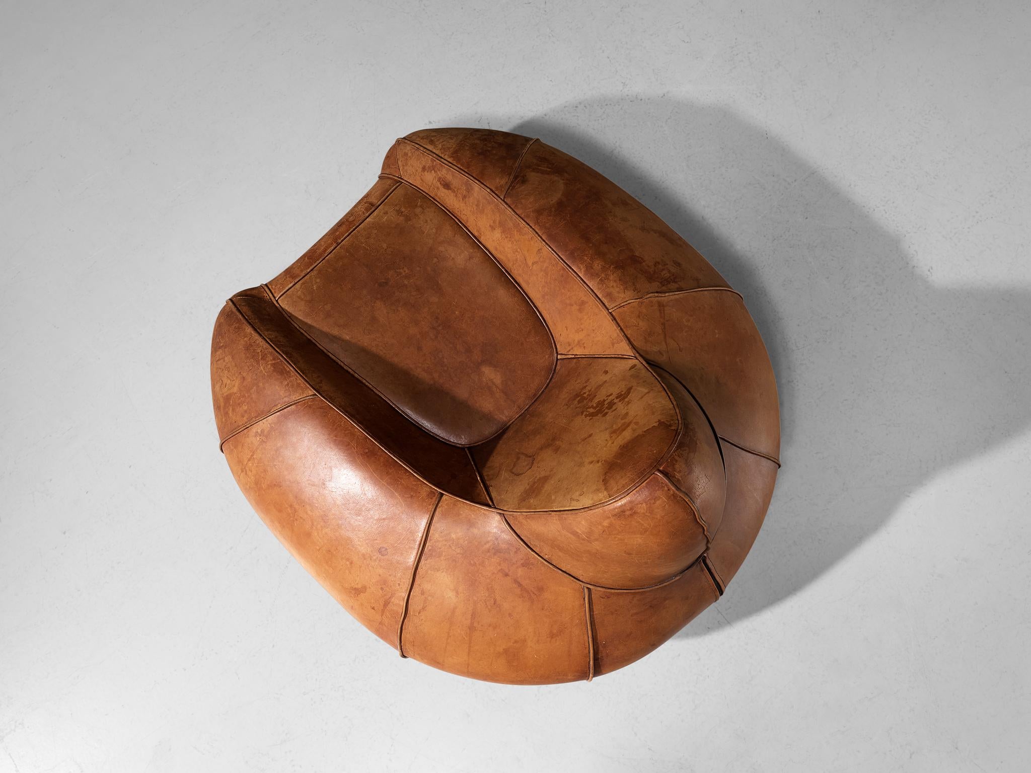 Post-Modern Pair of Bulbous Shaped Lounge Chairs in Cognac Leather