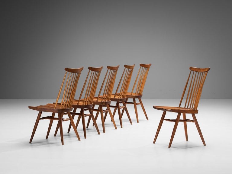 George Nakashima Set of Six 'New' Dining Chairs in American Walnut and Hickory