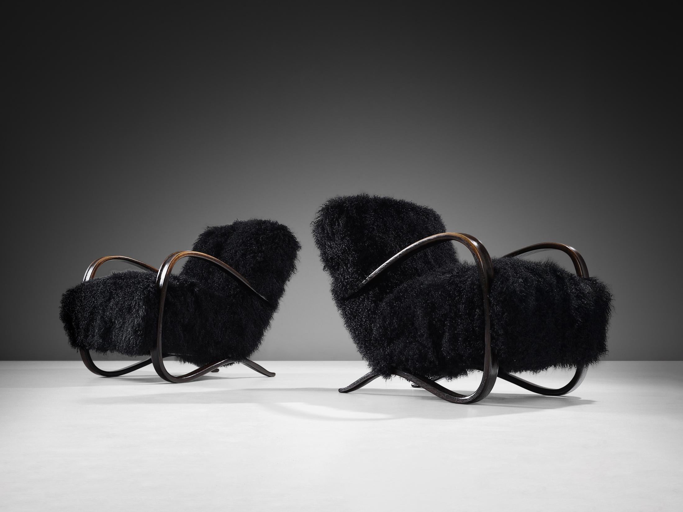 Jindrich Halabala Lounge Chairs in Black Tibetan Lambswool